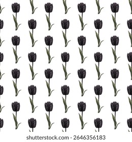 Seamless pattern of vibrant pink tulips and green leaves on a white background. Ideal for spring-inspired designs, elegant wallpapers, textiles, and gift wrapping. Fresh and chic!