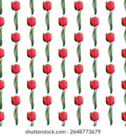 Seamless pattern of vibrant pink tulips and green leaves on a white background. Ideal for spring-inspired designs, elegant wallpapers, textiles, and gift wrapping. Fresh and chic!