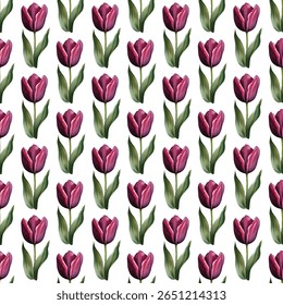 Seamless pattern of vibrant pink tulips and green leaves on a white background. Ideal for spring-inspired designs, elegant wallpapers, textiles, and gift wrapping. Fresh and chic!