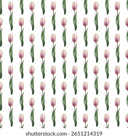 Seamless pattern of vibrant pink tulips and green leaves on a white background. Ideal for spring-inspired designs, elegant wallpapers, textiles, and gift wrapping. Fresh and chic!