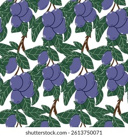 Seamless Pattern of Vibrant Purple Fruit on Branches with Green Leaves. Colorful decorative seamless illustration featuring purple fruit clusters on branches with lush green leaves, ideal for fabric, 
