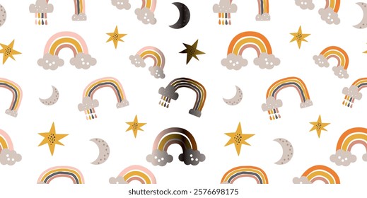 Seamless pattern of vibrant rainbows, smiling clouds, stars, and moons on a white background. Ideal for kids' products, nursery decor, stationery, and playful designs with a whimsical touch.