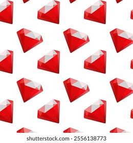 Seamless pattern of vibrant red diamonds with a 3D appearance on a white background. Ideal for Valentine's Day themes, luxury branding, gift wrap, digital scrapbooking, or festive decor. Vector