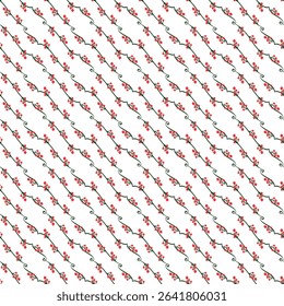 Seamless pattern of vibrant red flowers on green vines against a white backdrop. Ideal for wallpapers, fabric designs, gift wraps, and artistic embellishments.