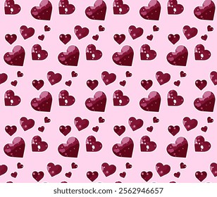 Seamless pattern of vibrant red hearts outlined by white scattered across a soft pink background. Bold, romantic yet playful aesthetic. Fabric print for clothing, accessories, or home textiles. 