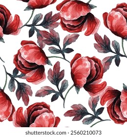 Seamless pattern of vibrant red and pink  poppies with green leaves on a white background. Perfect for fabric, wallpaper, and gift wrap designs, adding a touch of elegance and nature-inspired beauty.