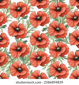 Seamless pattern of vibrant red and pink  poppies with green leaves on a white background. Perfect for fabric, wallpaper, and gift wrap designs, adding a touch of elegance and nature-inspired beauty.
