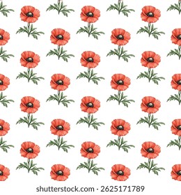 Seamless pattern of vibrant red and pink  poppies with green leaves on a white background. Perfect for fabric, wallpaper, and gift wrap designs, adding a touch of elegance and nature-inspired beauty.
