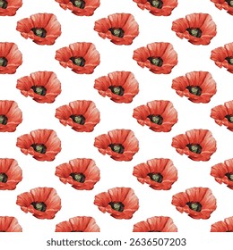 Seamless pattern of vibrant red and pink  poppies with green leaves on a white background. Perfect for fabric, wallpaper, and gift wrap designs, adding a touch of elegance and nature-inspired beauty.