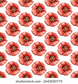 Seamless pattern of vibrant red and pink  poppies with green leaves on a white background. Perfect for fabric, wallpaper, and gift wrap designs, adding a touch of elegance and nature-inspired beauty.
