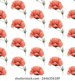 Seamless pattern of vibrant red and pink  poppies with green leaves on a white background. Perfect for fabric, wallpaper, and gift wrap designs, adding a touch of elegance and nature-inspired beauty.