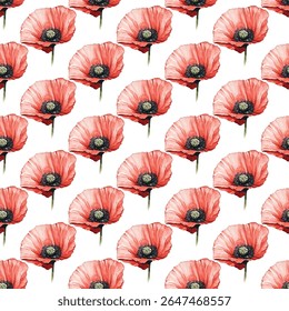 Seamless pattern of vibrant red and pink  poppies with green leaves on a white background. Perfect for fabric, wallpaper, and gift wrap designs, adding a touch of elegance and nature-inspired beauty.