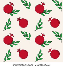 Seamless pattern with vibrant red pomegranate and green leaves on a simple background. Symbol of fertility and life. Best for Pomegranate Festival, Rosh Hashanah, Persian New Year or Winter Solstice