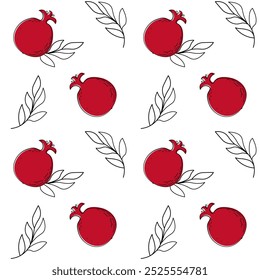 Seamless pattern with vibrant red pomegranate and outlines leaves on transparent background. Symbol of fertility and life. Best wrapping for Pomegranate Festival, Persian New Year or Winter Solstice