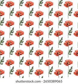 Seamless pattern of vibrant red poppies on a crisp white background, perfect for textiles, wallpapers, or digital designs. Adds a fresh, elegant, and natural touch to any creative project.