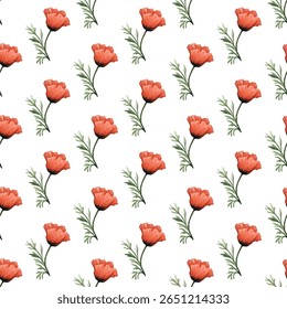 Seamless pattern of vibrant red poppies on a crisp white background, perfect for textiles, wallpapers, or digital designs. Adds a fresh, elegant, and natural touch to any creative project.