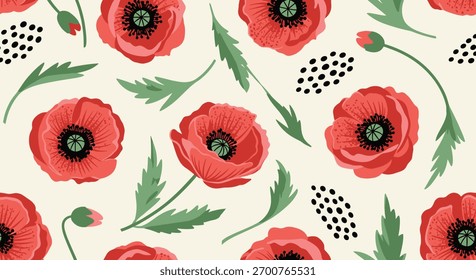Seamless pattern of vibrant red poppy flowers, green leaves, and abstract black dots on a light background, ideal for spring and summer designs.