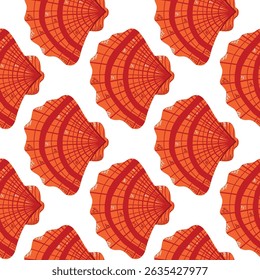 Seamless Pattern of Vibrant Red Seashells with Elegance. Bright illustration of red seashells arranged in a seamless pattern. Ideal for design projects needing an aquatic or beach feel.