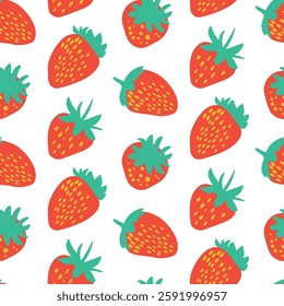 Seamless Pattern of Vibrant Red Strawberries on White Background. A bright seamless pattern featuring colorful red strawberries with green leaves on a crisp white background. Perfect for design