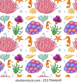 Seamless pattern with vibrant sea creatures and plants