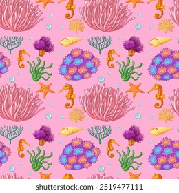 Seamless pattern of vibrant sea creatures and plants