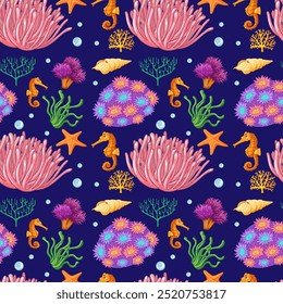 Seamless pattern of vibrant sea creatures and plants