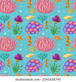 Seamless pattern with vibrant sea creatures and plants