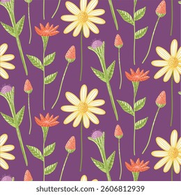 Padrão contínuo de flores vibrantes da primavera no fundo roxo. Bonito padrão floral sem costura apresentando flores coloridas e folhas em um fundo roxo, transmitindo uma primavera animada e alegre