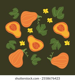 Seamless pattern of vibrant squash and leaves with yellow blossoms.