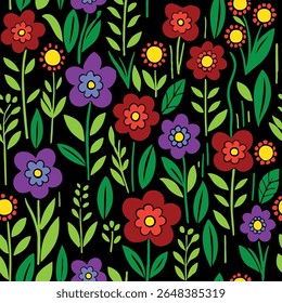 Seamless pattern with vibrant, stylized folk-art flowers in red, purple, and yellow on a dark background. A cheerful and bold botanical illustration with a playful, hand-drawn retro feel.