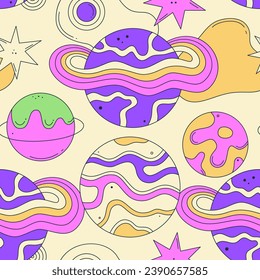 Seamless pattern. Vibrant vector illustration with abstract planets, stars. Groovy galactic. Cartoon space. Playful, surreal style. Psychedelic mood. Design for fabric, wrapping paper, notebook cover