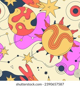 Seamless pattern. Vibrant vector illustration with abstract planets, stars. Groovy galactic. Cartoon space. Playful, surreal style. Psychedelic mood. Design for fabric, wrapping paper, notebook covers