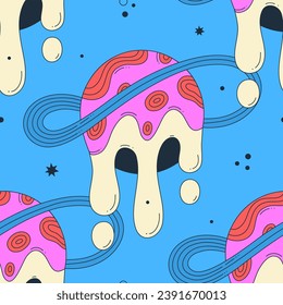 Seamless pattern. Vibrant vector illustration with melting planet. Groovy galactic. Cartoon space. Playful, surreal style. Psychedelic mood. Design for fabric, wrapping paper, notebook cover
