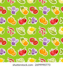 Patrón sin fisuras de frutas y verduras vibrantes, Formas audaces, colores juguetones, líneas de Vector limpias, perfecto para fondos y embalaje.