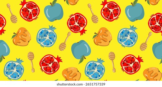 seamless pattern vibrant yellow background traditional food rosh hashanah apples pomegranates honey dippers art wallpaperdesign textile web decor