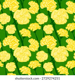 Flores de clavel amarillas vibrantes sin patrón, con contornos suaves y ricas hojas verdes. Diseño floral fresco para temas de primavera o verano, impresiones textiles, papelería, envoltura de regalo, superficies botánicas.