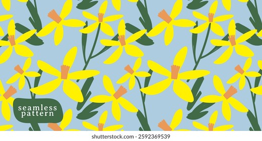 A seamless pattern with vibrant yellow daffodils on a soft blue background. The hand-drawn floral design evokes a fresh spring atmosphere, perfect for textiles, wrapping paper, and digital projects.