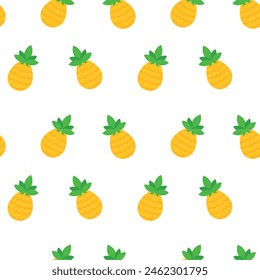 Seamless pattern of vibrant yellow pineapples with green leaves.