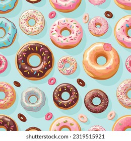 Patrón sin inconvenientes de la Ilustración del vector de Donuts de colores vivos. Colorido Donut Medley