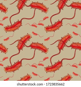 Seamless pattern with vibrio cholera. Vector illustration in vintage engraved style.