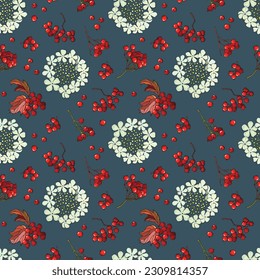 Patrón sin foco con bayas de viburnum. Diseño para tela, textil, papel pintado, embalaje.