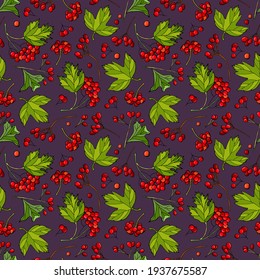 Seamless pattern with viburnum berries. Hand-drawn illustration. Design for fabric, packaging, textile, wallpaper.