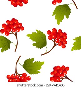 Seamless Pattern with Viburnum Red Berries. Vector Autumn Cute Background. Symbol of Ukraine. 