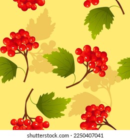 Seamless Pattern with Viburnum Red Berries on a yellow. Vector Autumn Cute Background. Symbol of Ukraine. Vector illustration.