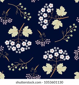 Seamless pattern with viburnum and umbrella flowers, bird cherry berries isolated on dark blue background in vector. Spring vector background.