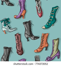 Seamless pattern with victorian antique vintage shoes