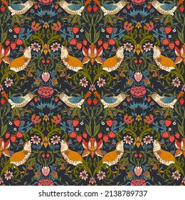 patrón ininterrumpido con flores, pájaros y bayas victorianas al estilo de William Morris