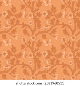 seamless pattern with Victorian flowers in the style of William Morris, Mocha Mousse color