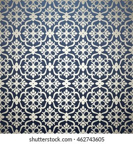 Seamless pattern with Victorian motives, shades of Blue & light Silver. Classic tile pattern with abstract decorative elements inside