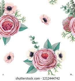 Seamless pattern with victorian roses, anemones, eucalyptus and other branches.